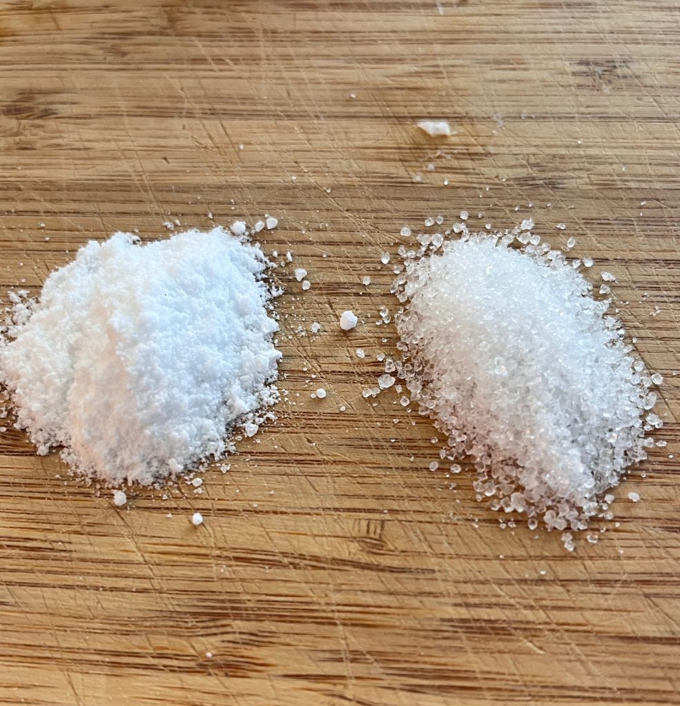 side by side comparison of granulated xylitol and powdered xylitol