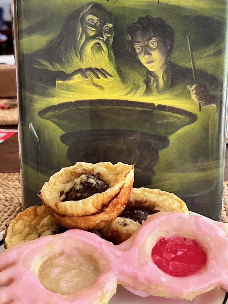 Harry Potter book with themed snacks