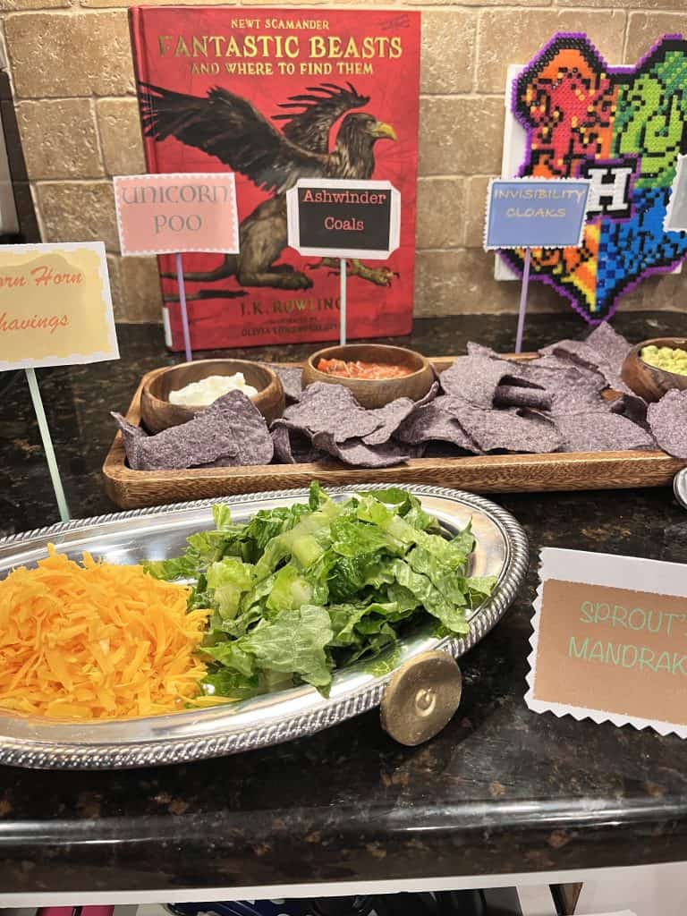 Toppings for Harry Potter Taco Stacks-cheese, lettuce, sour cream and salsa