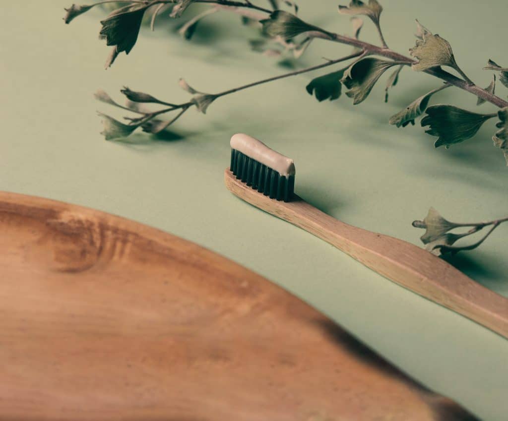 bamboo toothbrush with toothpaste with sprig of mint beside it